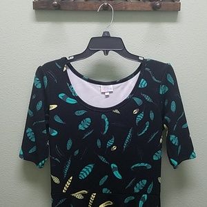 LULAROE NICOLE DRESS. BLACK BASE, FEATHER PATTERN